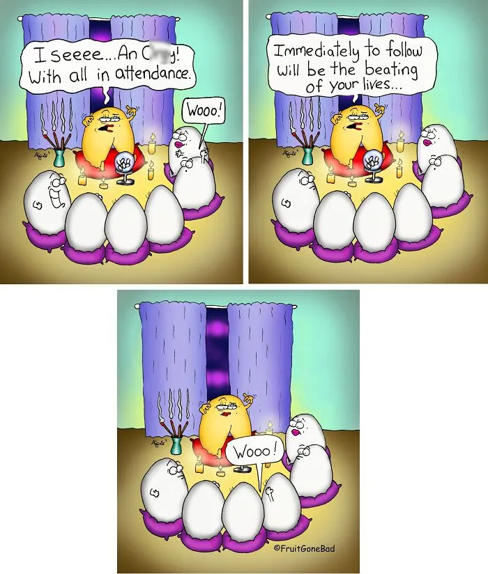 Funny naughty food comics of eggs in a seance with a fortune-telling cookie