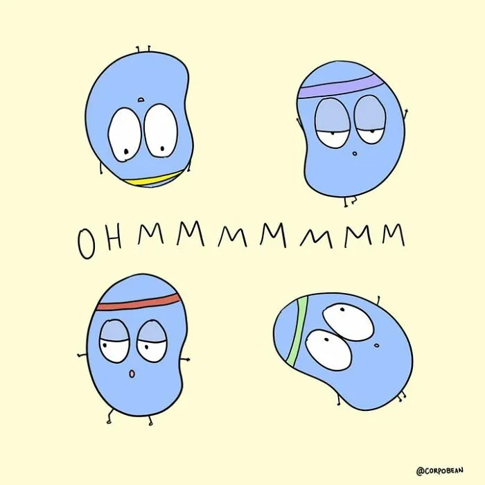 Four blue bean characters meditating and saying OHMMMMMM, illustration from Corpo Bean comics