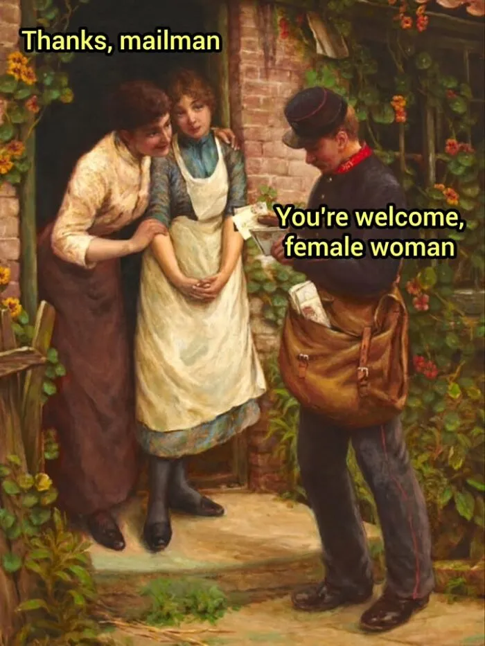 A historic painting meme showing a postman handing mail to two women