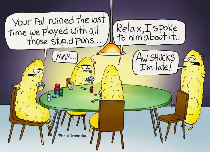 Funny naughty food comics featuring corn cobs playing poker at a table