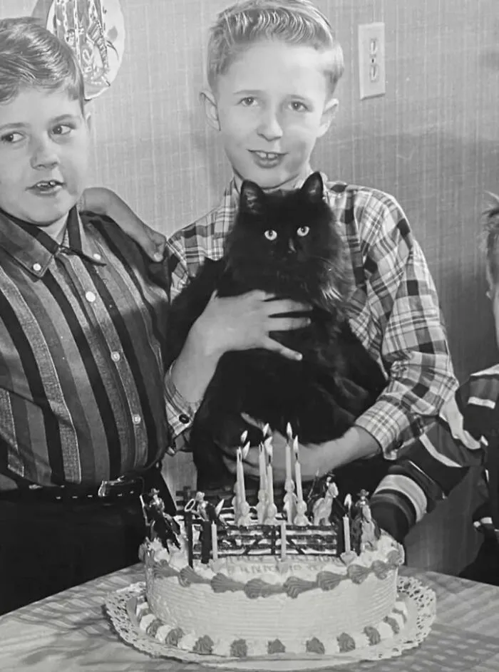 A young boy holding a fluffy black cat behind a birthday cake in vintage photos of children with their cats