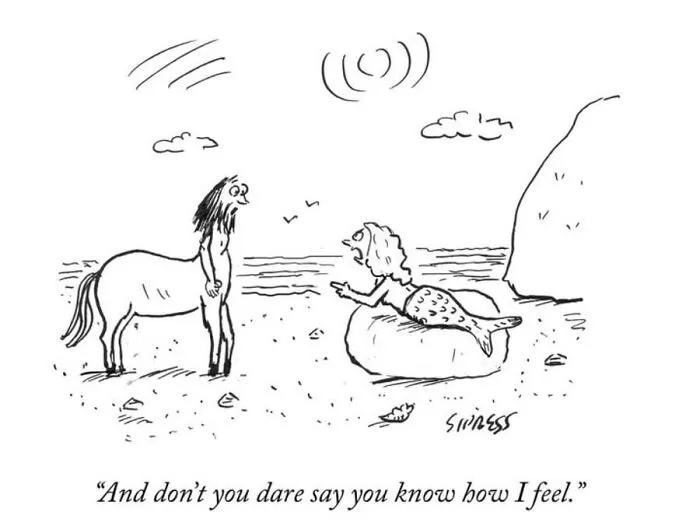 A New Yorker veteran cartoon of a mermaid on a beach talking to a centaur