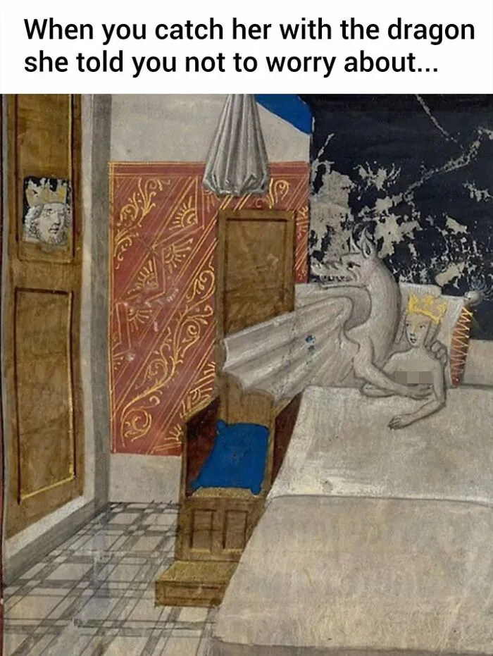 A medieval painting meme showing a dragon in bed with a queen while a king watches
