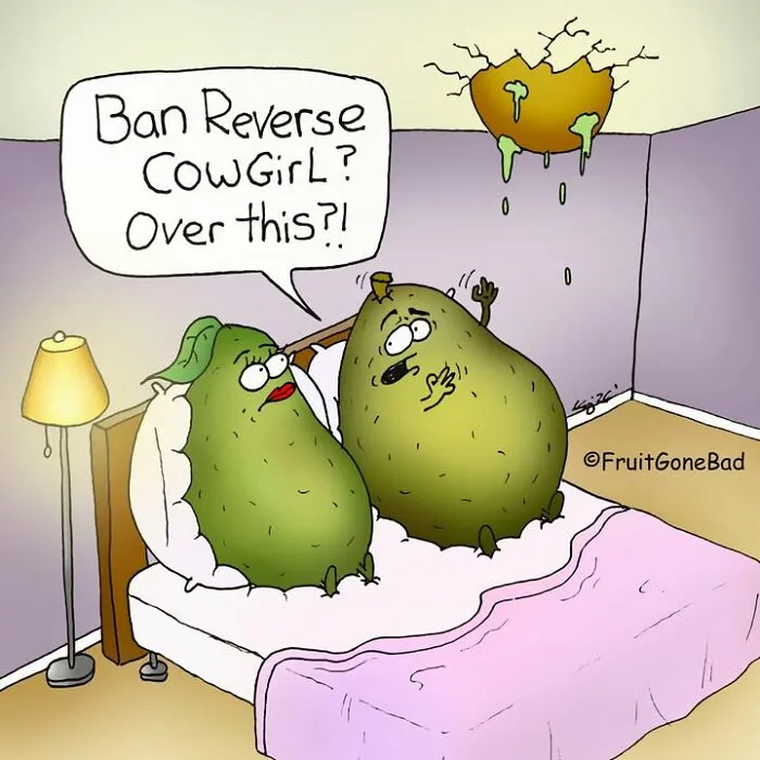 Funny and slightly naughty comics featuring avocados in bed talking about a broken ceiling