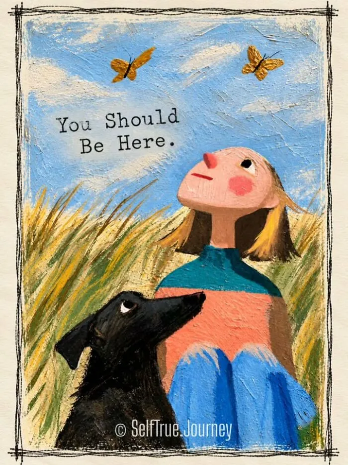An illustration of a girl and a black pet experiencing the pain of losing a beloved dog with text saying you should be here