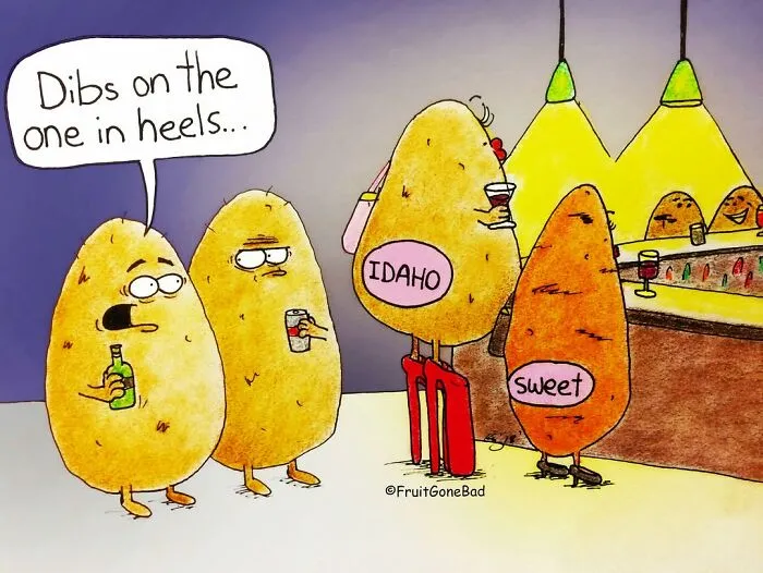 Funny and slightly naughty comics showing potatoes in high heels at a bar counter