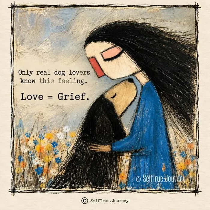 Sketch of a woman hugging her beloved dog in a field, capturing the grief of losing a pet.