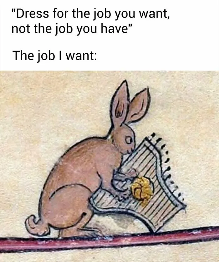 Medieval art style featuring a rabbit playing a harp used in famous paintings memes about career goals.