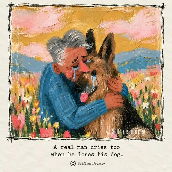 Emotional drawing of an elderly man crying while hugging his pet, showing the pain of losing a beloved dog.