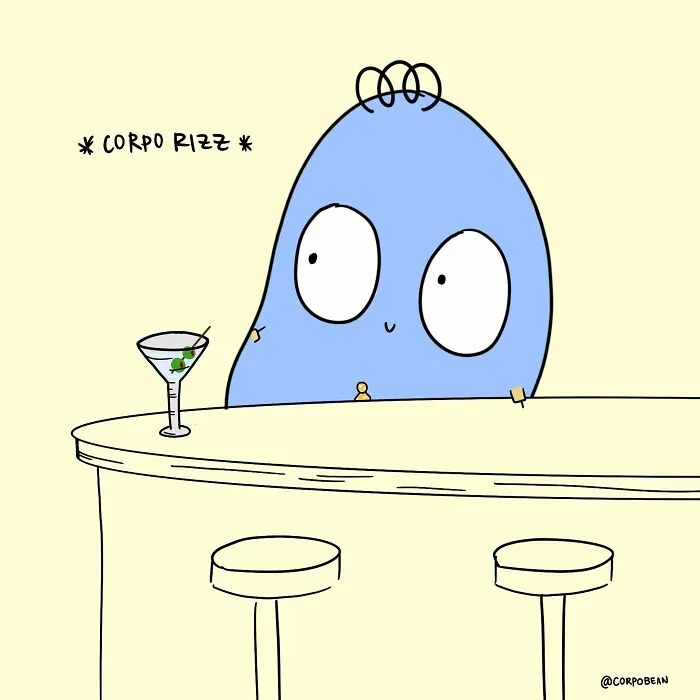 A cartoon of a blue character sitting at a bar with a martini, illustrating everyday work struggles in a comic by Corpo Bean