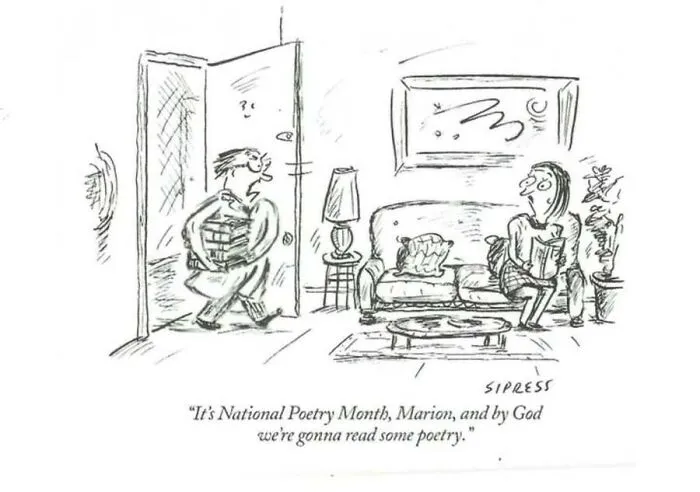 A New Yorker cartoon featuring a man bringing a pile of books to a woman on a couch for National Poetry Month