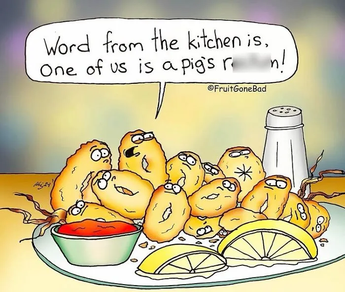 Funny naughty food comics depicting calamari rings with faces on a plate with lemons and sauce