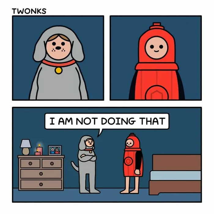 Funny comics by Steve Nelson: A person in a dog costume refuses intimacy with a partner dressed as a fire hydrant.