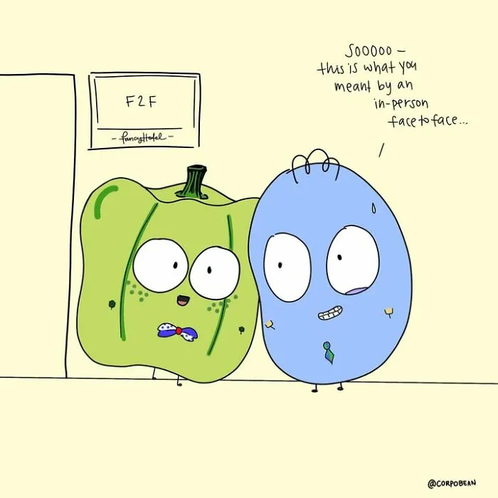 A green pepper and a blue bean character meeting face-to-face, showcasing corporate work struggles by Corpo Bean