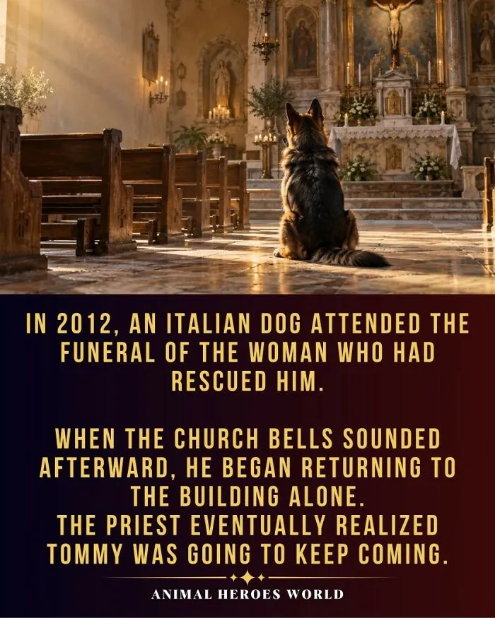 A loyal German Shepherd sits in a church aisle, featured in true stories of animals who saved lives.