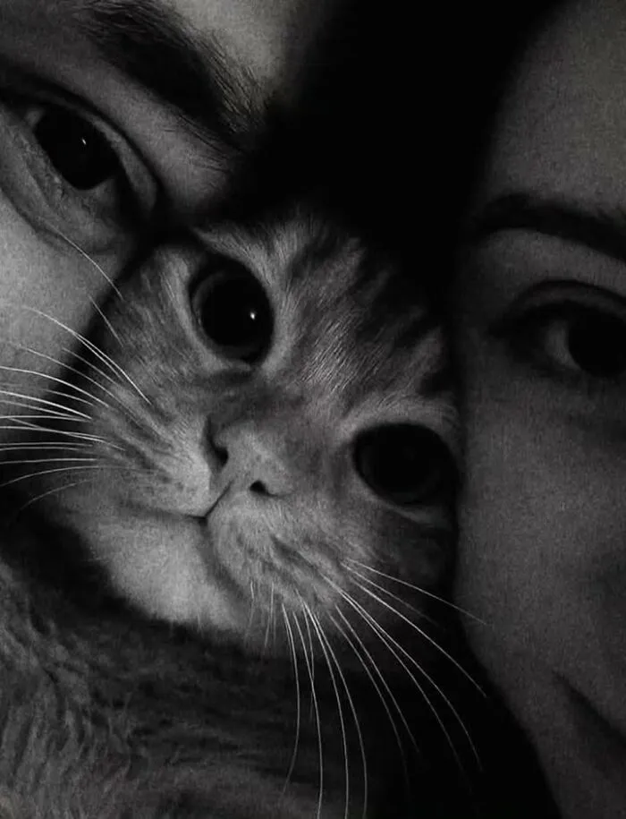 A sweet cat photo of a kitten close-up, nestled between two people in a black and white portrait