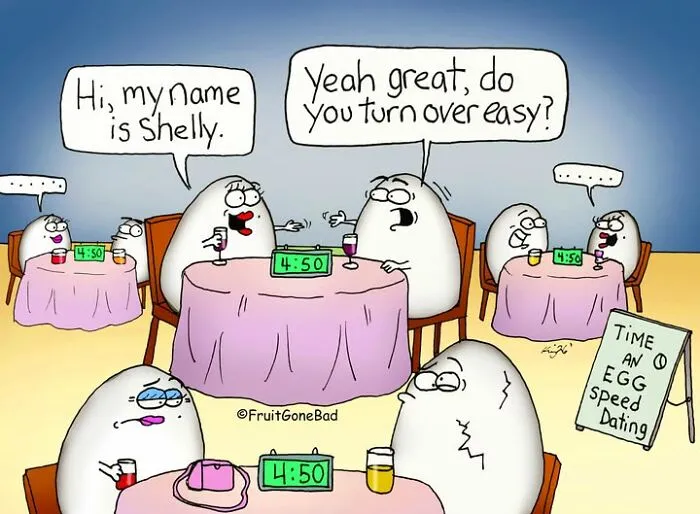 Funny comics featuring food with cartoon eggs at a speed dating event.