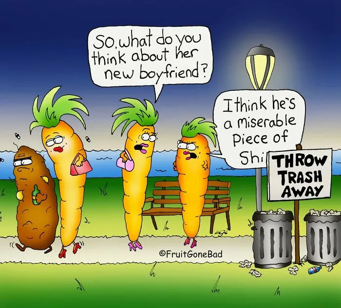 Funny naughty comic strip featuring carrot characters talking in a park.