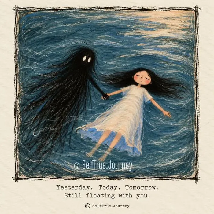Dreamy illustration of a girl floating with a shadow, symbolizing grief and the pain of losing a beloved dog.