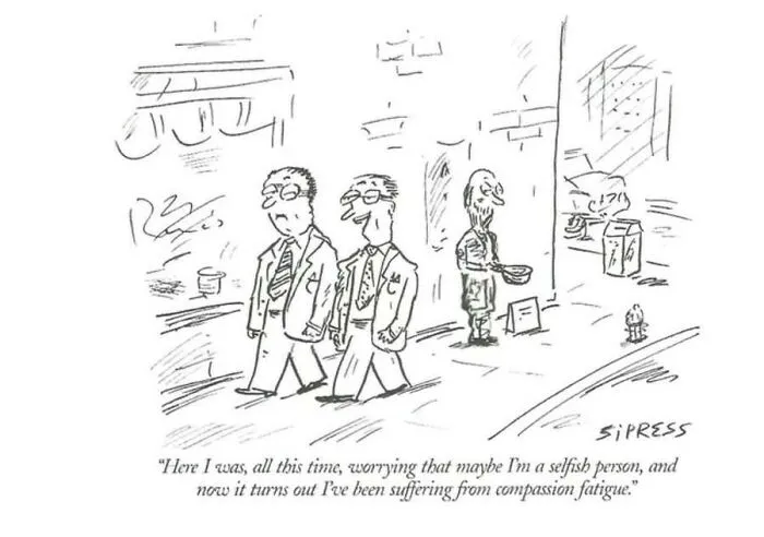 A New Yorker cartoon depicting two men in suits discussing compassion fatigue next to a beggar on the street