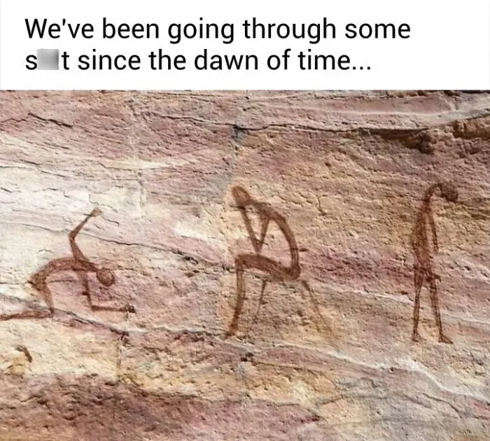 Hilarious memes featuring ancient cave paintings showing dramatic human figures