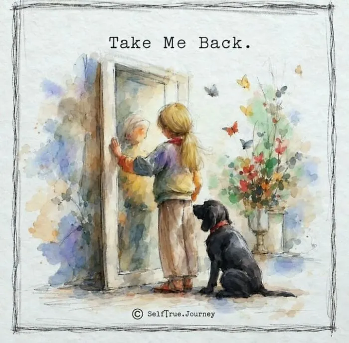 Watercolor painting of a girl and her black dog looking at a reflection, showing the pain of losing a beloved dog.