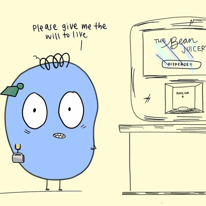 Corpo Bean comic showing a blue bean character needing coffee to survive work struggles.