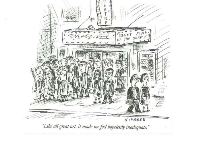 A New Yorker veteran cartoon showing people leaving a theater after a play