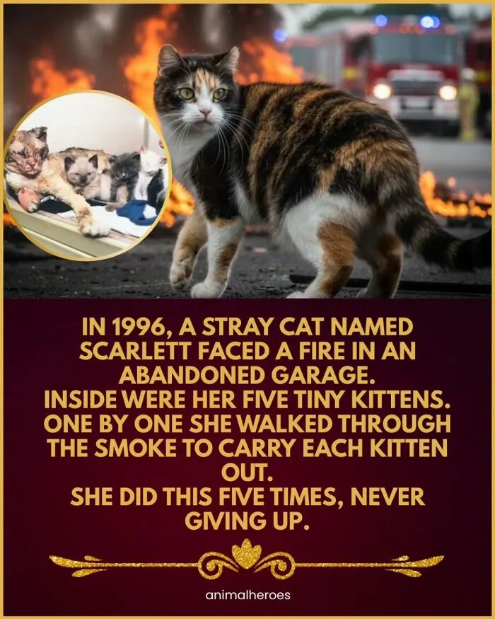 Calico cat standing in front of a fire scene, highlighting true stories of animals brave acts.