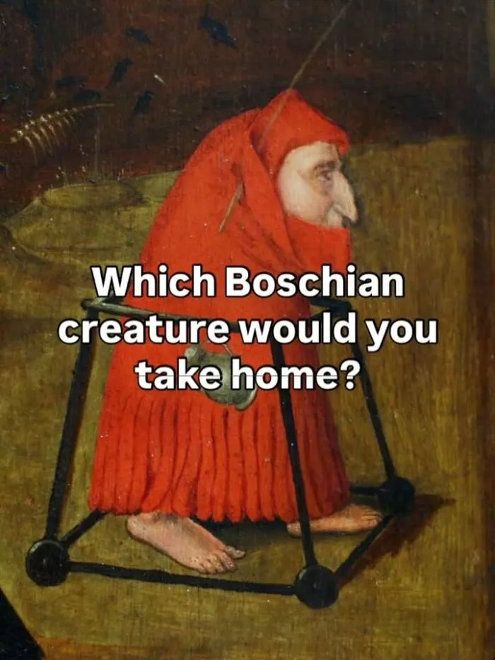 Famous paintings turned into hilarious memes depicting a Boschian creature in a frame