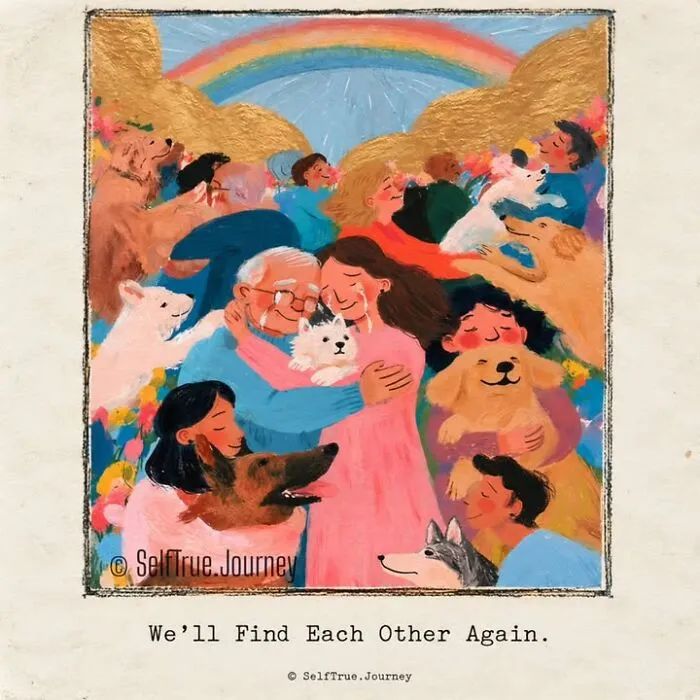 Illustration depicting a comforting reunion, capturing the pain of losing a beloved dog and finding hope.