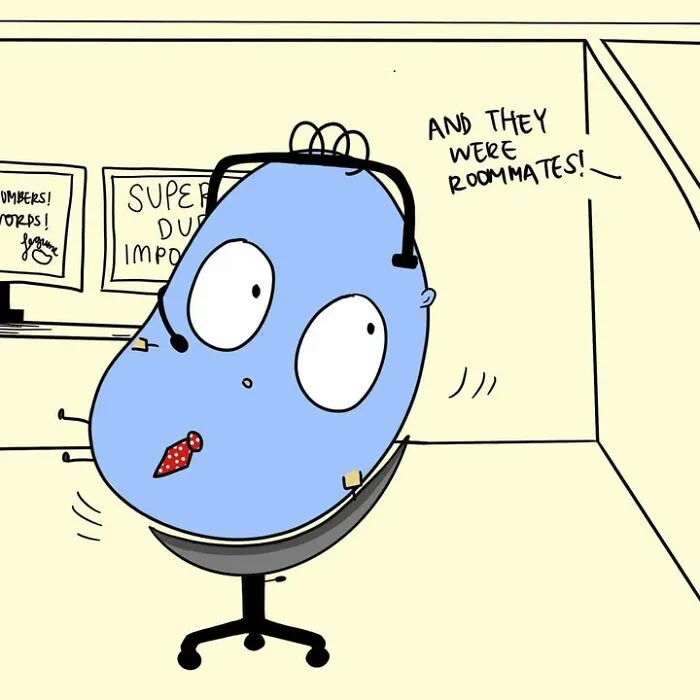 A comic by Corpo Bean featuring a blue bean character in an office chair showing daily work struggles.
