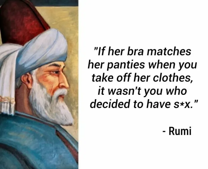 A portrait of Rumi with text in a hilarious memes format