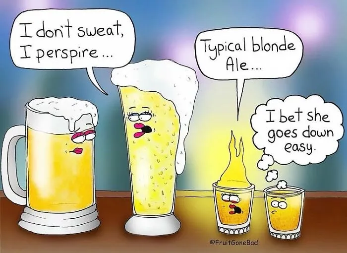 Funny naughty beer and shots cartoon with adult double entendres.