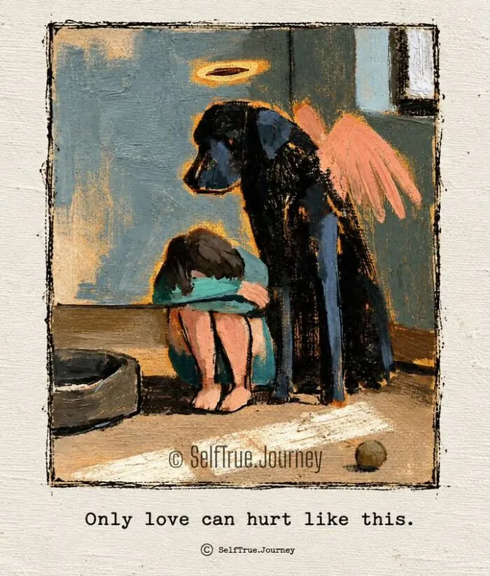 Illustration of a grieving girl with the angel spirit of her beloved dog comforting her.