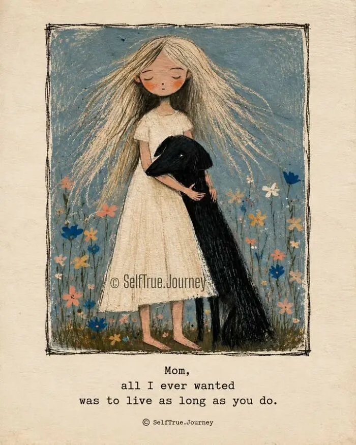 Drawing of a young girl in a white dress hugging a black dog, showing love for a beloved dog.