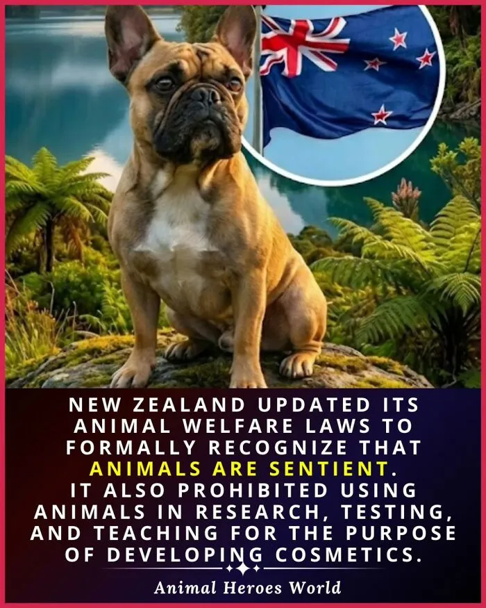 French Bulldog sitting outdoors near a New Zealand flag, illustrating stories of animals.