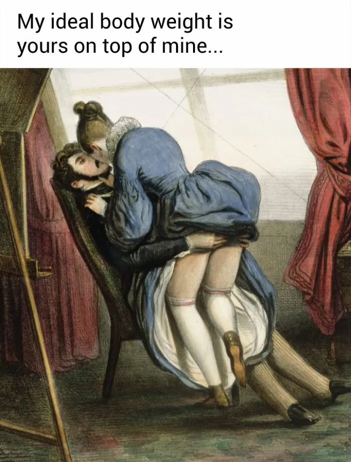 Hilarious memes showing a vintage drawing of a romantic couple embracing