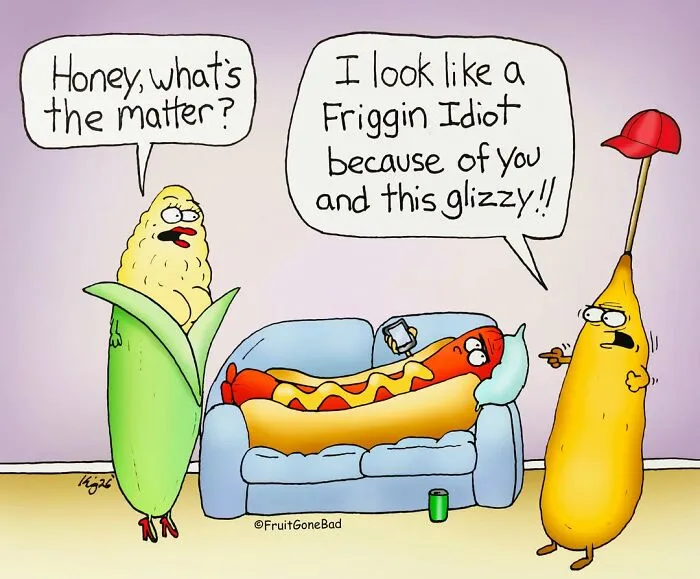 Funny naughty corn and hot dog comic in a living room.