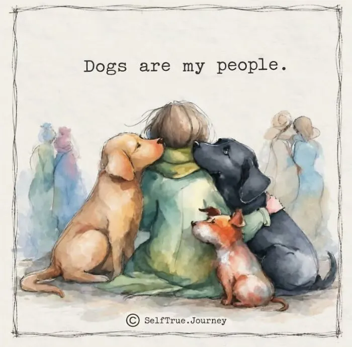 Watercolor illustration of a woman hugging her three dogs, depicting the bond with a beloved dog.