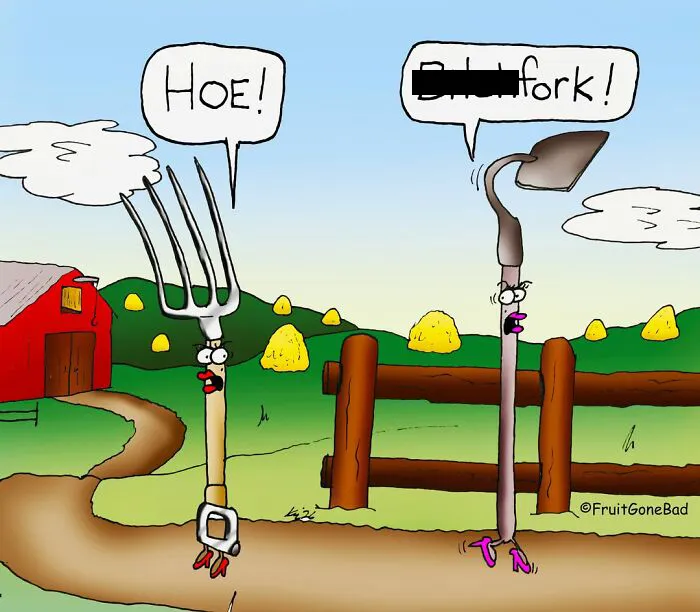 Funny naughty comic showing a pitchfork and hoe arguing on a farm.