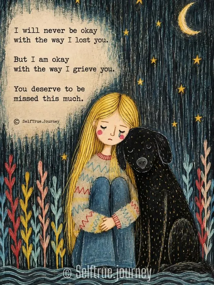 Melancholic artwork of a blonde girl holding a black dog, showing the pain of losing a beloved dog.