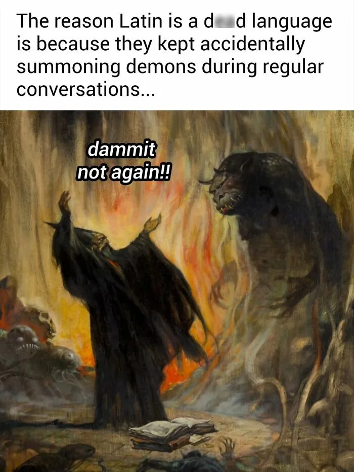 Classical painting depiction of a wizard accidentally summoning a demon as famous paintings memes.