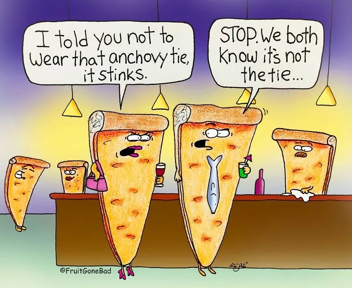 Funny and slightly naughty comics of two pizza slices talking at a bar about a stinky anchovy tie.