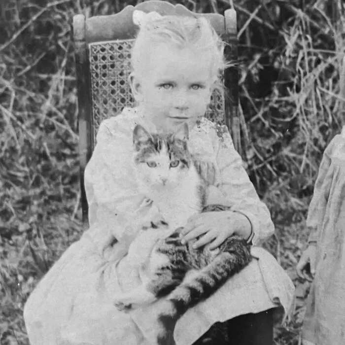 A young girl sitting in a chair holding a cat on her lap, from vintage photos of children with their cats