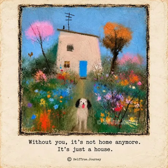 Colorful drawing of a small dog in front of a house, representing the pain of losing a beloved dog.