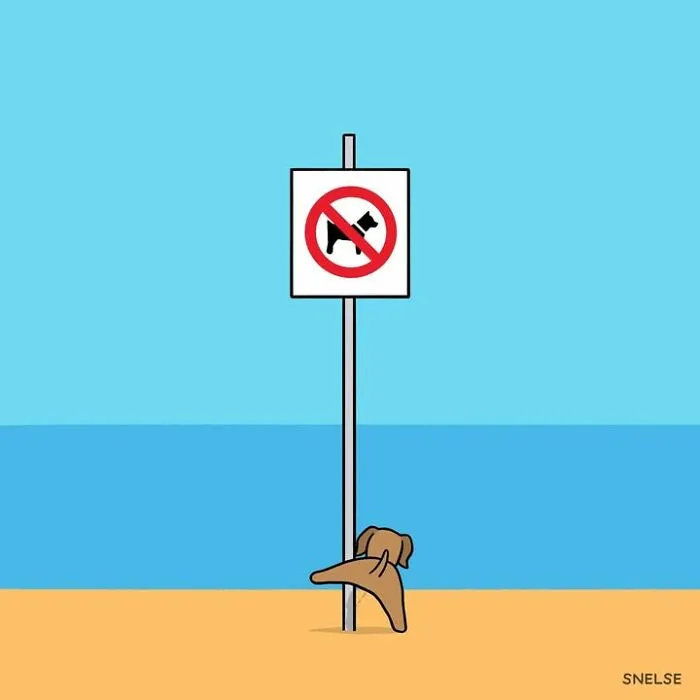 Funny comics featuring dogs being dogs: A dog ignores a sign on the beach and lifts its leg to pee on the pole.