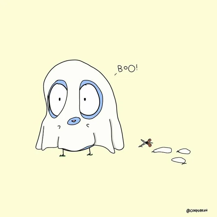 A blue bean character wearing a ghost costume, capturing work struggles humorously by Corpo Bean