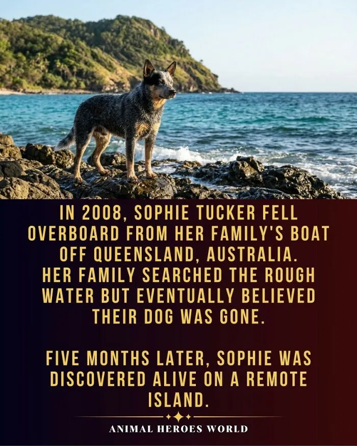 An Australian Cattle Dog stands on rocky shores after surviving, from true stories of animals who survived.