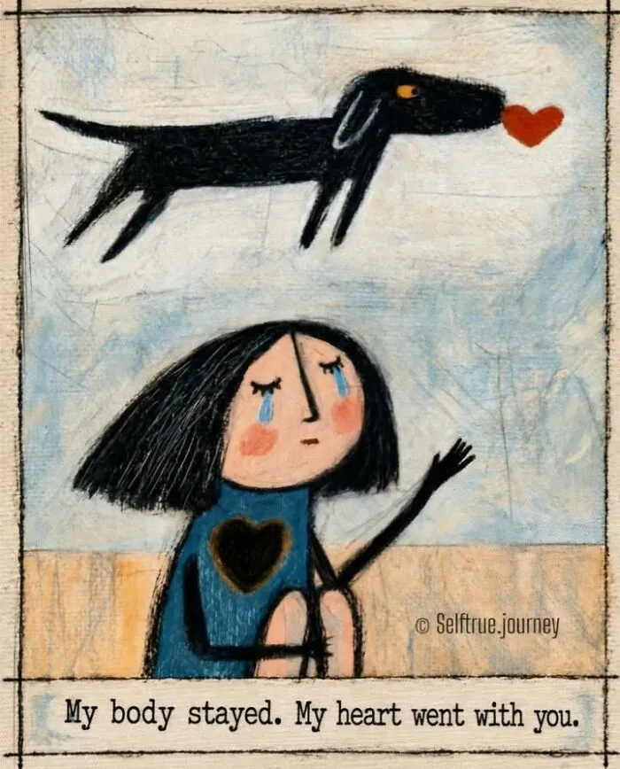 An illustration of a crying girl reaching out to a dog in the sky, showing the pain of losing a beloved dog.